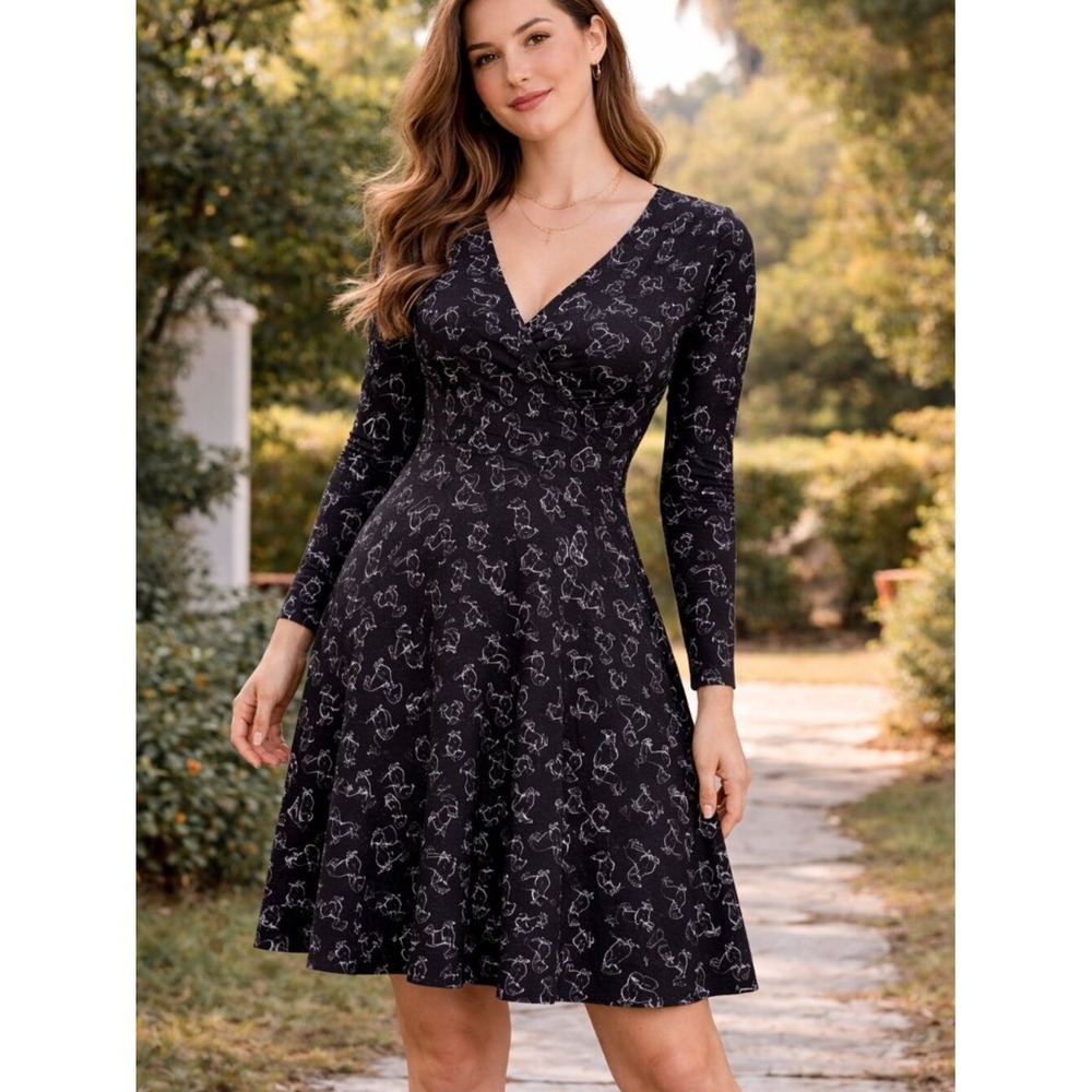Effie's Heart Black White Dachshund Dog Print Wrap Dress Long Sleeve Small